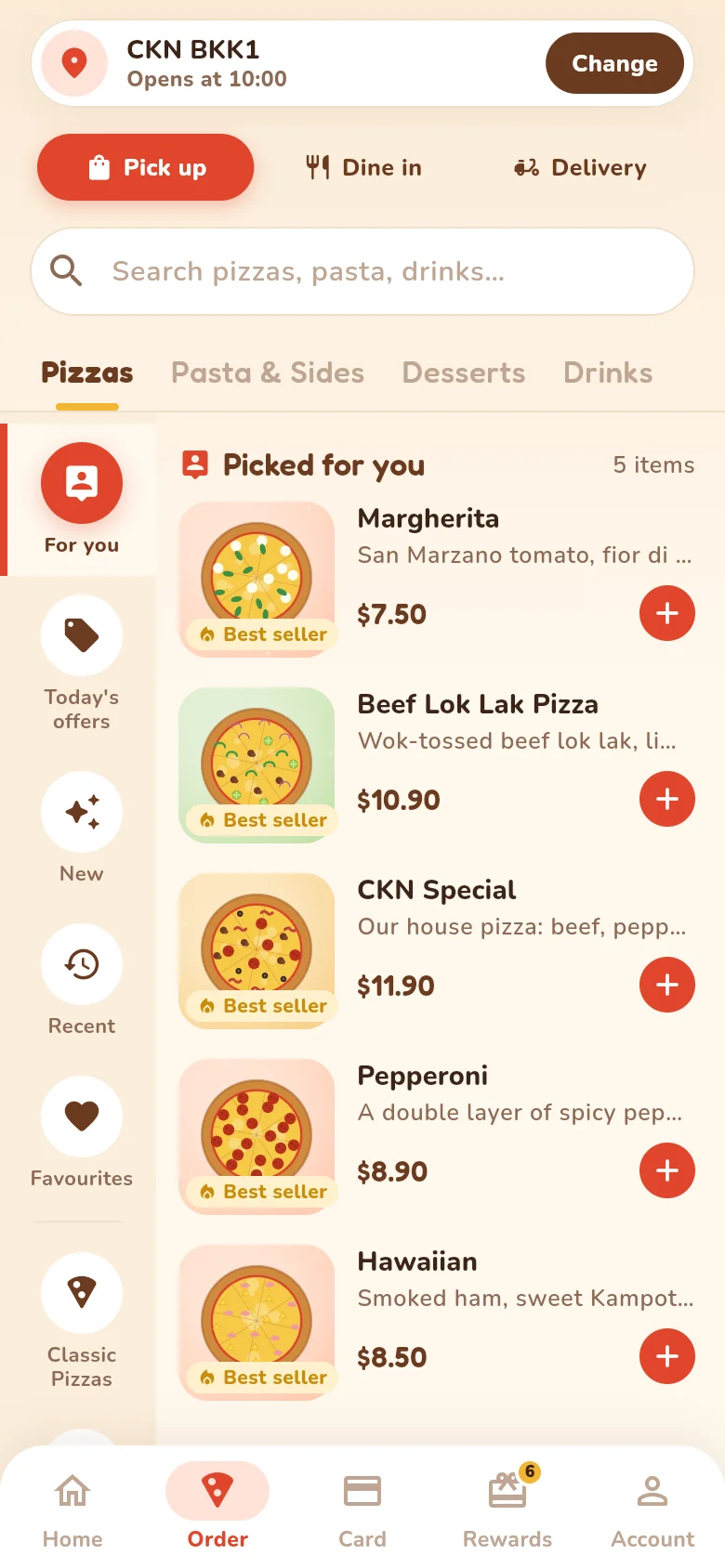 Menu screen in the app